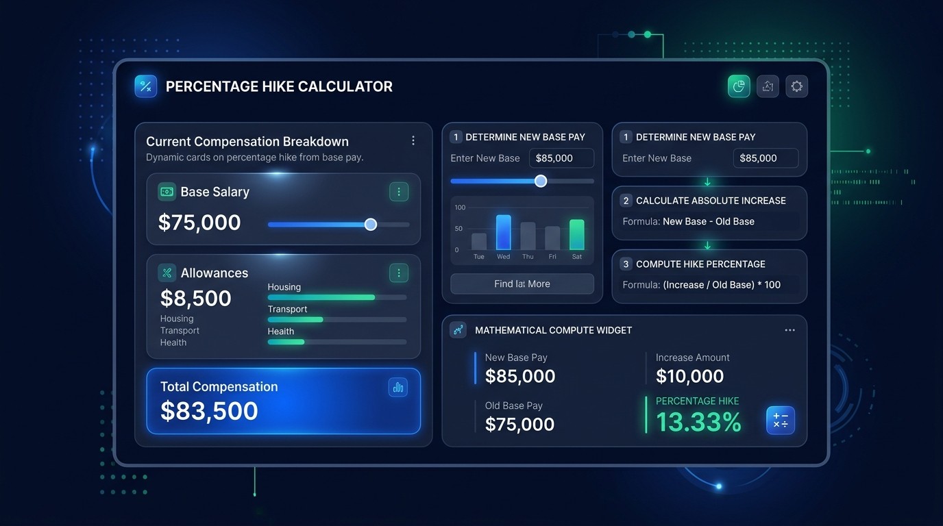 Base pay percentage hike calculation formula and worked numerical example diagram