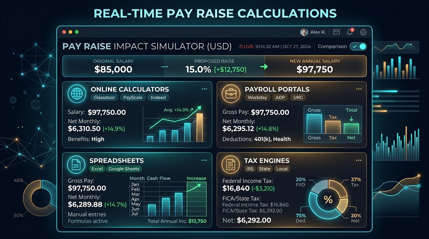 Ecosystem comparison of tools to check real time pay raise calculations